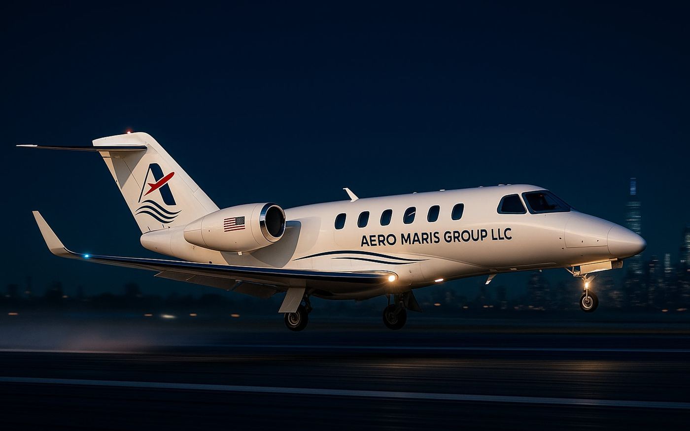 Aero Maris Group jet lifting off at night