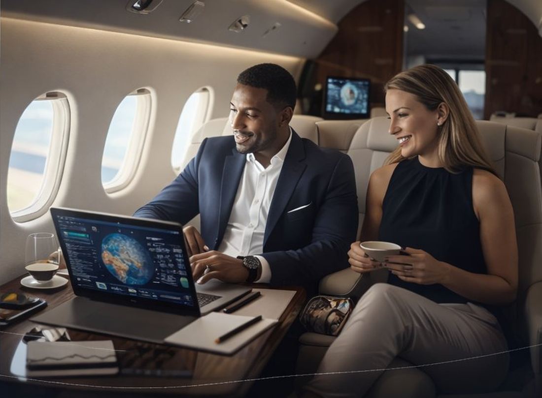 Passengers working in a private jet cabin