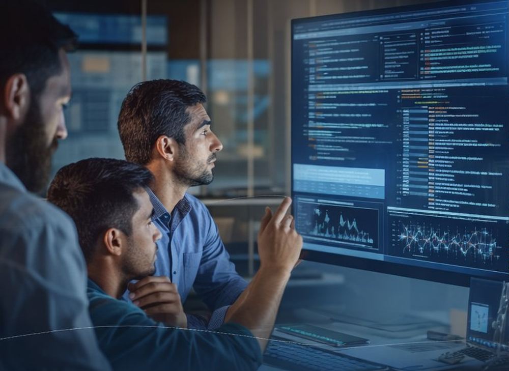 Engineering team reviewing system dashboards