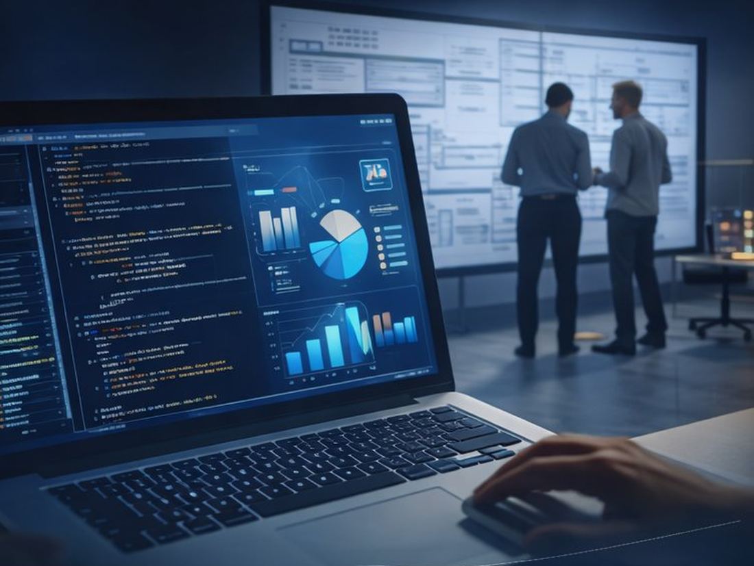 Dashboards and code on a laptop screen